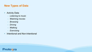 New Types of Data
• Activity Data
- Listening to music
- Watching movies
- Browsing
- Driving
- Walking
- Exercising
• Intentional and Non-Intentional
 