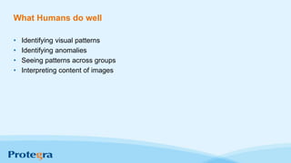 What Humans do well
• Identifying visual patterns
• Identifying anomalies
• Seeing patterns across groups
• Interpreting content of images
 