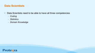 Data Scientists
• Data Scientists need to be able to have all three competencies
- Coding
- Statistics
- Domain Knowledge
 