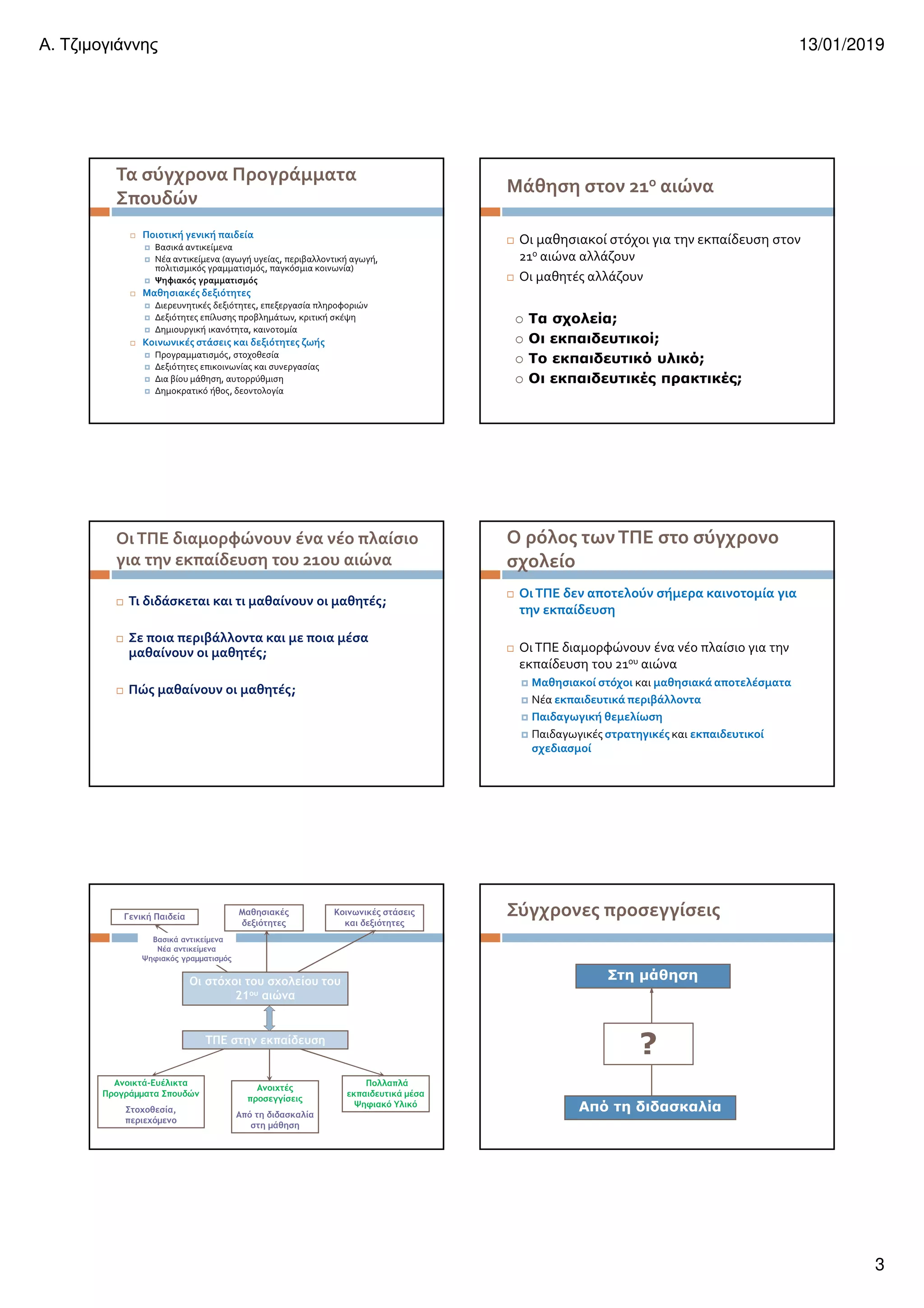 Α. Τζιµογιάννης 13/01/2019
3
Τα σύγχρονα Προγράμματα
Σπουδών
Ποιοτική γενική παιδεία
Βασικά αντικείμενα
Νέα αντικείμενα (αγωγή υγείας, περιβαλλοντική αγωγή,
πολιτισμικός γραμματισμός, παγκόσμια κοινωνία)
Ψηφιακός γραμματισμός
Μαθησιακές δεξιότητες
Διερευνητικές δεξιότητες, επεξεργασία πληροφοριών
Δεξιότητες επίλυσης προβλημάτων, κριτική σκέψη
Δημιουργική ικανότητα, καινοτομία
Κοινωνικές στάσεις και δεξιότητες ζωής
Προγραμματισμός, στοχοθεσία
Δεξιότητες επικοινωνίας και συνεργασίας
Δια βίου μάθηση, αυτορρύθμιση
Δημοκρατικό ήθος, δεοντολογία
Μάθηση στον 21ο αιώνα
Οι μαθησιακοί στόχοι για την εκπαίδευση στον
21ο αιώνα αλλάζουν
Οι μαθητές αλλάζουν
Τα σχολεία;
Οι εκπαιδευτικοί;
Το εκπαιδευτικό υλικό;
Οι εκπαιδευτικές πρακτικές;
Τι διδάσκεται και τι μαθαίνουν οι μαθητές;
Σε ποια περιβάλλοντα και με ποια μέσα
μαθαίνουν οι μαθητές;
Πώς μαθαίνουν οι μαθητές;
ΟιΤΠΕ διαμορφώνουν ένα νέο πλαίσιο
για την εκπαίδευση του 21ου αιώνα
Ο ρόλος τωνΤΠΕ στο σύγχρονο
σχολείο
ΟιΤΠΕ δεν αποτελούν σήμερα καινοτομία για
την εκπαίδευση
ΟιΤΠΕ διαμορφώνουν ένα νέο πλαίσιο για την
εκπαίδευση του 21ου αιώνα
Μαθησιακοί στόχοι και μαθησιακά αποτελέσματα
Νέα εκπαιδευτικά περιβάλλοντα
Παιδαγωγική θεμελίωση
Παιδαγωγικές στρατηγικές και εκπαιδευτικοί
σχεδιασμοί
Μαθησιακές
δεξιότητες
Γενική Παιδεία
Πολλαπλά
εκπαιδευτικά µέσα
Ψηφιακό Υλικό
Ανοικτά-Ευέλικτα
Προγράµµατα Σπουδών
Στοχοθεσία,
περιεχόµενο
Κοινωνικές στάσεις
και δεξιότητες
Ανοιχτές
προσεγγίσεις
Από τη διδασκαλία
στη µάθηση
ΤΠΕ στην εκπαίδευση
Οι στόχοι του σχολείου του
21ου αιώνα
Βασικά αντικείµενα
Νέα αντικείµενα
Ψηφιακός γραµµατισµός
Στη µάθηση
?
Από τη διδασκαλία
Σύγχρονες προσεγγίσεις
 