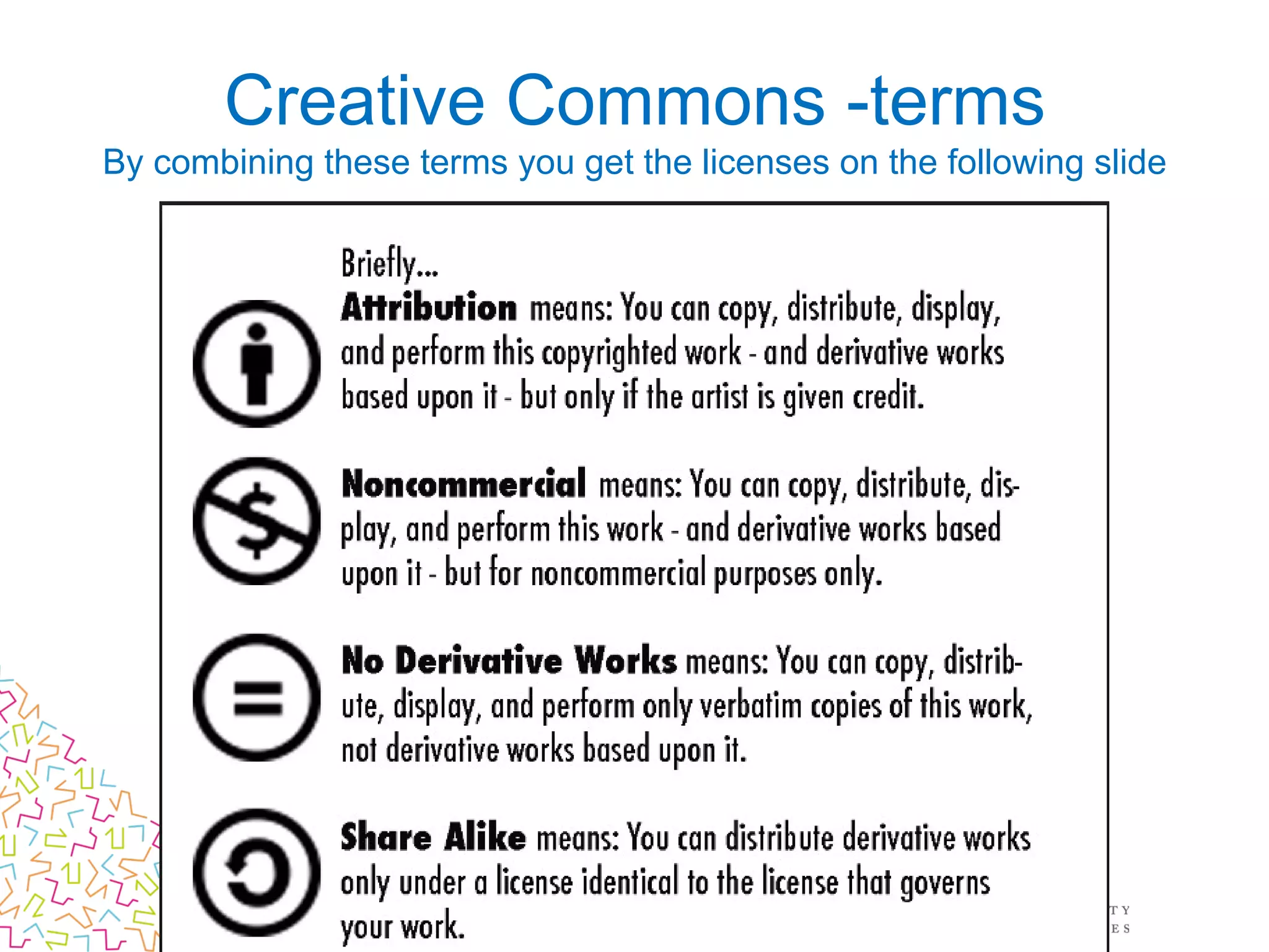 Creative Commons -terms
By combining these terms you get the licenses on the following slide
 
