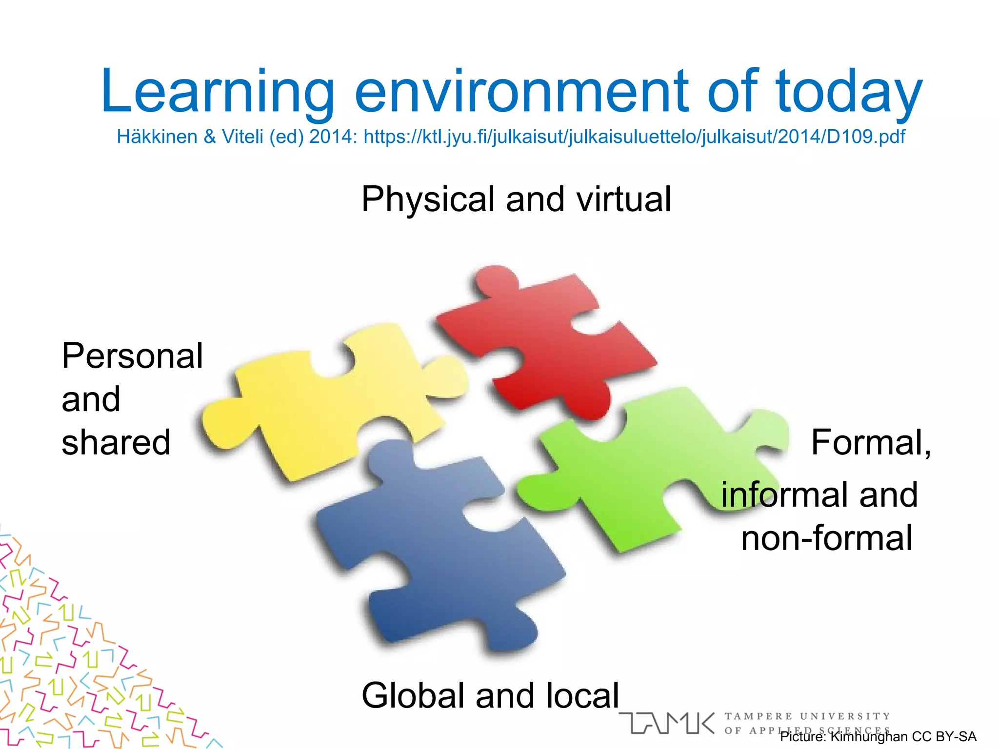 Learning environment of today
Häkkinen & Viteli (ed) 2014: https://ktl.jyu.fi/julkaisut/julkaisuluettelo/julkaisut/2014/D109.pdf
Physical and virtual
Personal
and
shared Formal,
informal and
non-formal
Global and local
Picture: Kimhunghan CC BY-SA
 
