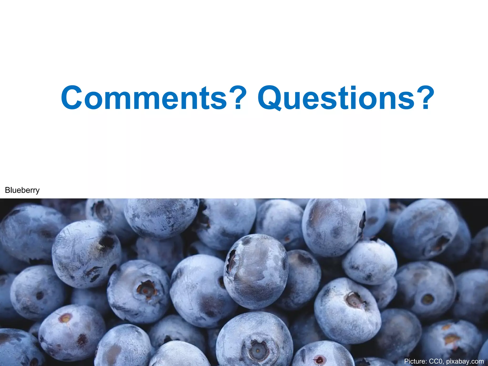 Comments? Questions?
Picture: CC0, pixabay.com
Blueberry
 
