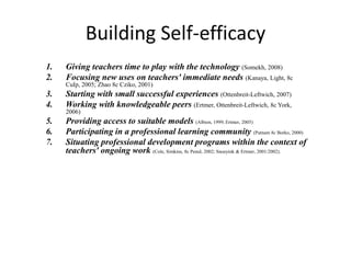 Building Self-efficacy
1. Giving teachers time to play with the technology (Somekh, 2008)
2. Focusing new uses on teachers' immediate needs (Kanaya, Light, 8c
CuIp, 2005; Zhao 8c Cziko, 2001)
3. Starting with small successful experiences (Ottenbreit-Leftwich, 2007)
4. Working with knowledgeable peers (Ertmer, Ottenbreit-Leftwich, 8c York,
2006)
5. Providing access to suitable models (Albion, 1999; Ertmer, 2005)
6. Participating in a professional learning community (Putnam 8c Borko, 2000)
7. Situating professional development programs within the context of
teachers' ongoing work (Cole, Simkins, 8c Penul, 2002; Snoeyink & Ertmer, 2001/2002).
 