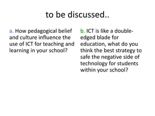 to be discussed..
a. How pedagogical belief
and culture influence the
use of ICT for teaching and
learning in your school?
b. ICT is like a double-
edged blade for
education, what do you
think the best strategy to
safe the negative side of
technology for students
within your school?
 