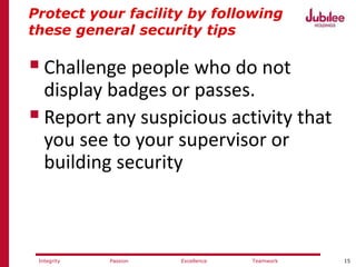 15ExcellencePassion TeamworkIntegrity
Protect your facility by following
these general security tips
Challenge people who do not
display badges or passes.
Report any suspicious activity that
you see to your supervisor or
building security
 