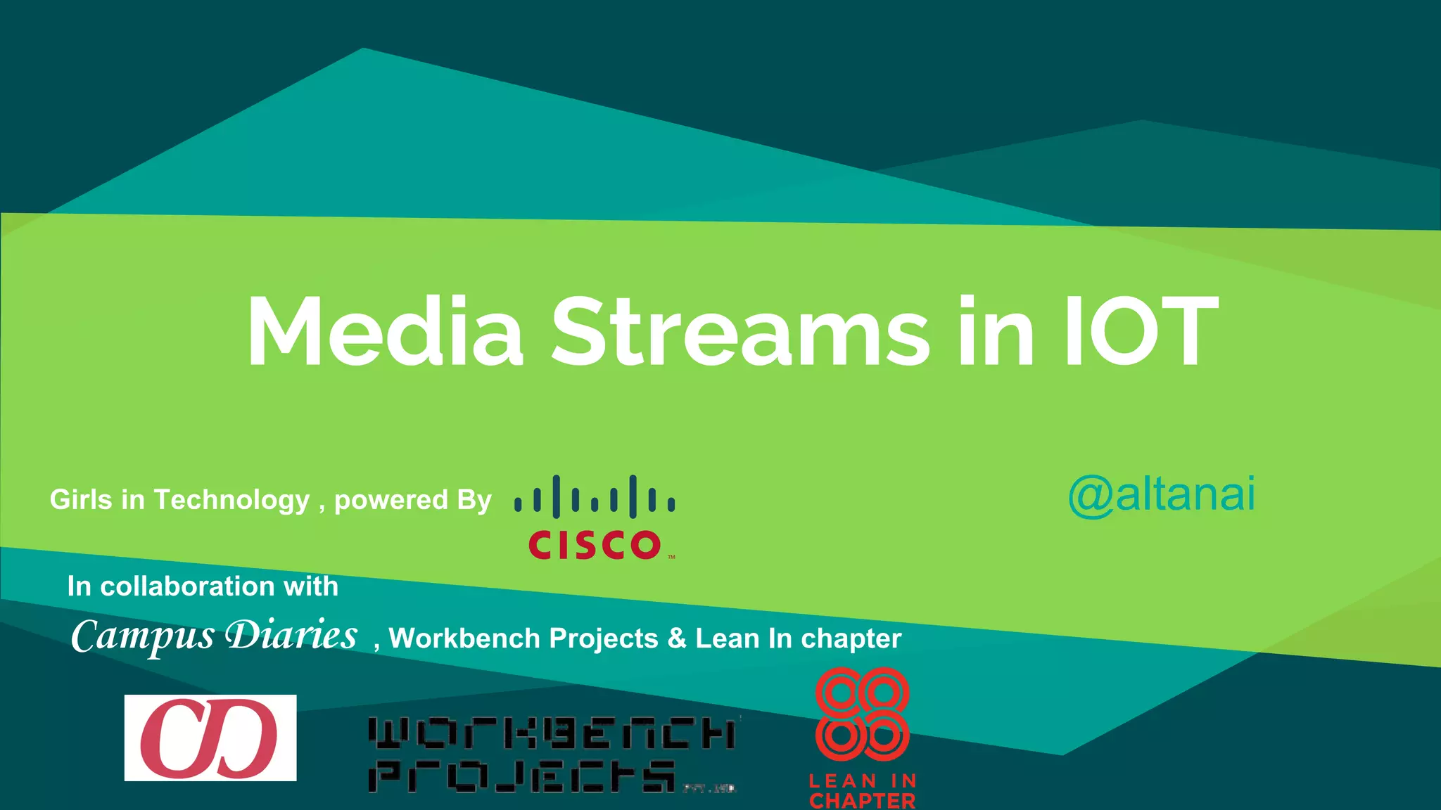 Media Streams in IOT
Girls in Technology , powered By @altanai
In collaboration with
Campus Diaries , Workbench Projects & Lean In chapter
 