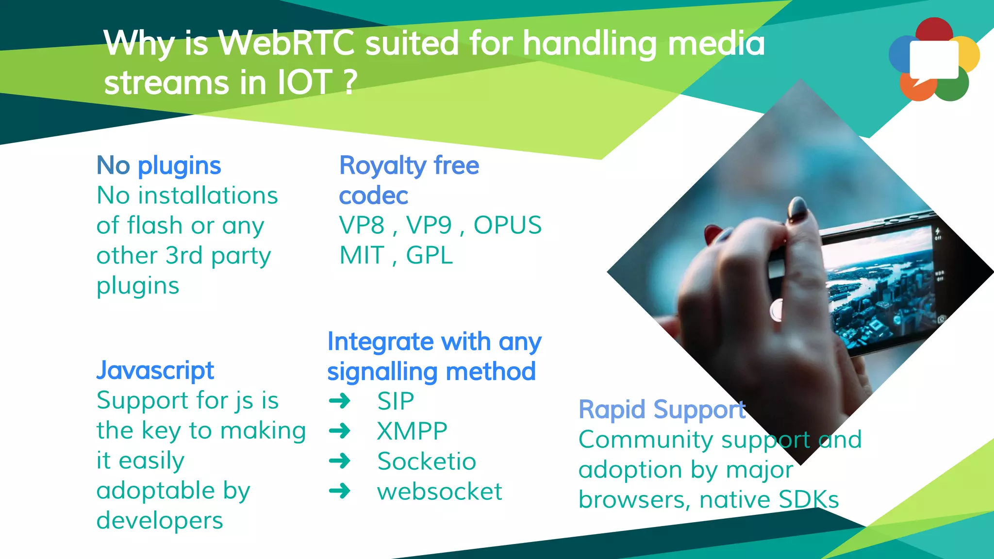 Why is WebRTC suited for handling media
streams in IOT ?
No plugins
No installations
of flash or any
other 3rd party
plugins
Royalty free
codec
VP8 , VP9 , OPUS
MIT , GPL
Rapid Support
Community support and
adoption by major
browsers, native SDKs
Javascript
Support for js is
the key to making
it easily
adoptable by
developers
Integrate with any
signalling method
➜ SIP
➜ XMPP
➜ Socketio
➜ websocket
 