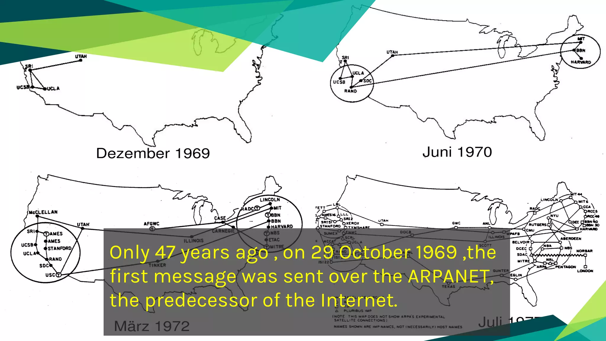 Only 47 years ago , on 29 October 1969 ,the
first message was sent over the ARPANET,
the predecessor of the Internet.
 