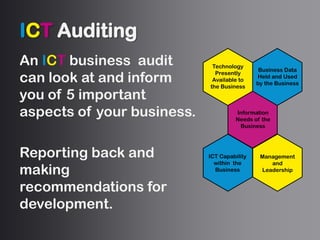 ICTAuditing An ICT business  audit can look at and inform you of 5 important aspects of your business. Reporting back and making recommendations for development. 
