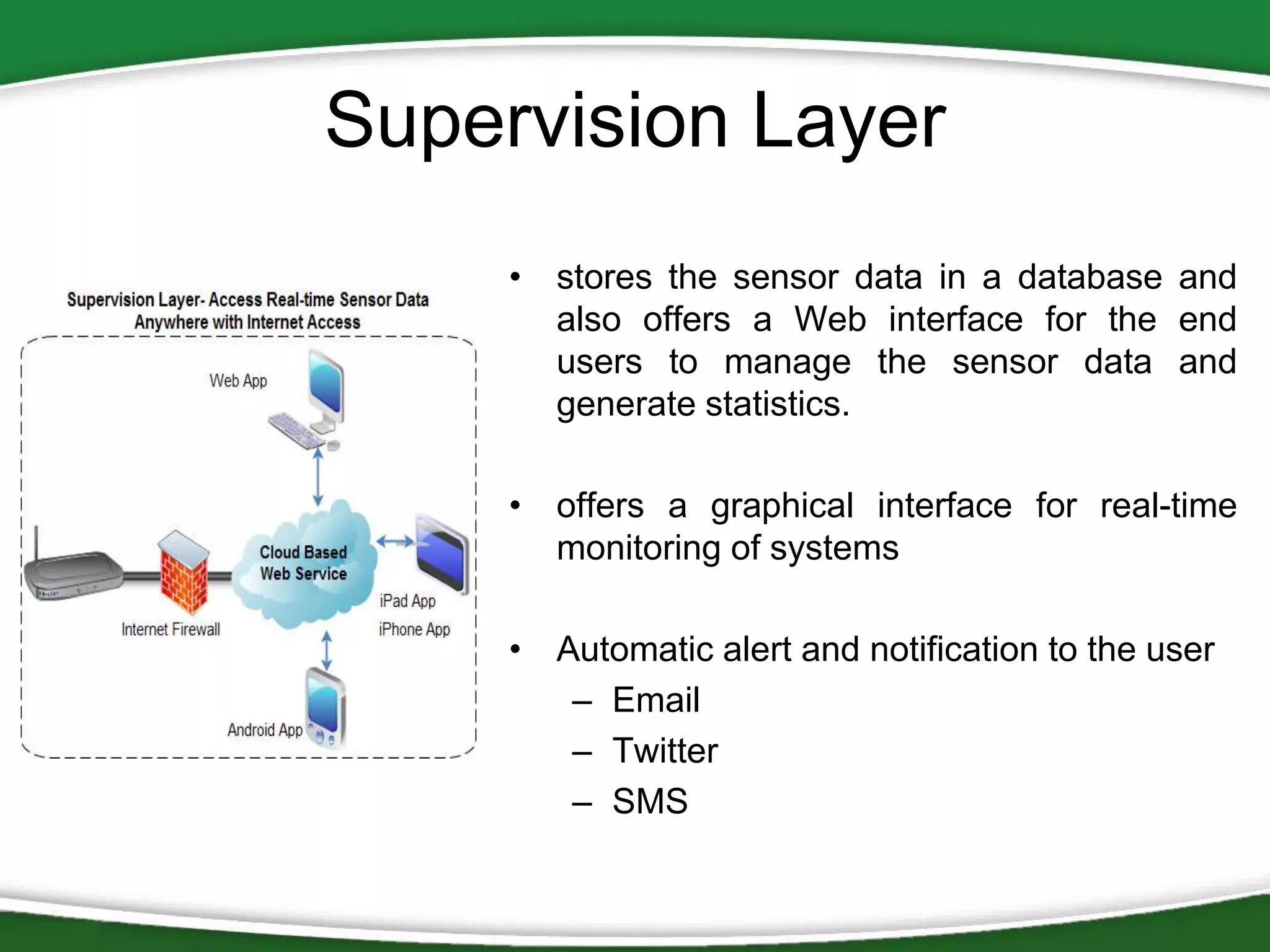 Supervision Layer
• stores the sensor data in a database and
also offers a Web interface for the end
users to manage the sensor data and
generate statistics.
• offers a graphical interface for real-time
monitoring of systems

• Automatic alert and notification to the user
– Email
– Twitter
– SMS

 