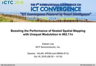 GCT Semiconductor, Inc.http://www.gctsemi.com
Boosting the Performance of Nested Spatial Mapping
with Unequal Modulation in 802.11n
Ealwan Lee
GCT Semiconductor, Inc.
Session : WLAN, WPAN and WBAN (P-2)
Oct 18, 2018 (08:30 ~ 10:10)
 