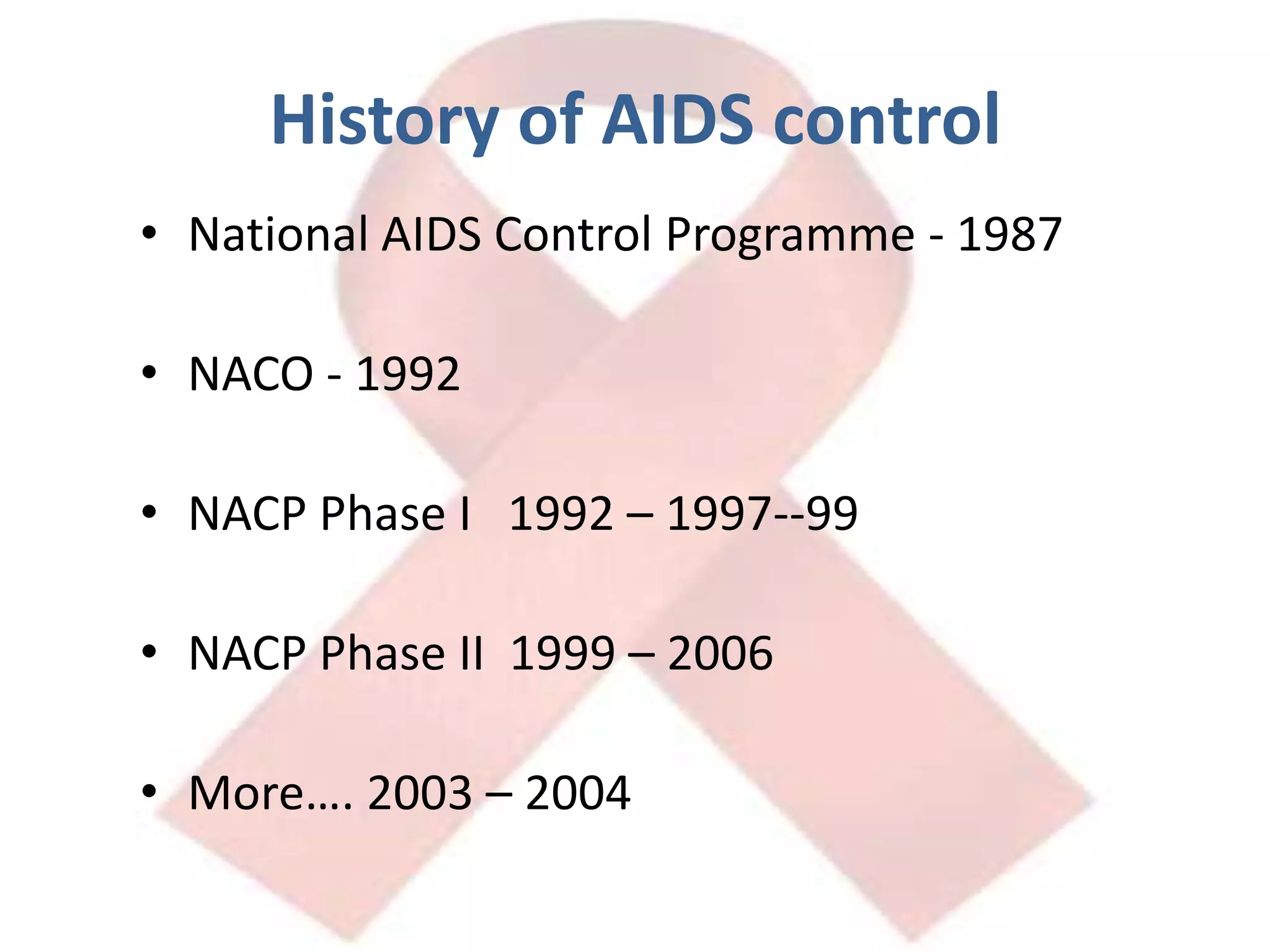 History of AIDS controlNational AIDS Control Programme - 1987NACO - 1992NACP Phase I   1992 – 1997--99NACP Phase II  1999 – 2006More…. 2003 – 2004