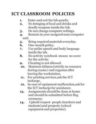 ICT CLASSROOM POLICIES
1. Enter and exit the lab quietly.
2. No bringing of food and drinks and
deadlyweapons insidethe lab.
3. Do not changecomputer settings.
4. Remain in your assigned seat/computer
unit.
5. Bring required materials everyday.
6. One-mouth policy.
7. Use polite speech and body language
inside the lab.
8. No activity notebook means no score
for the activity.
9. Cheating is not allowed.
10. Maintain tidiness (strictly no erasures
during exams ) and organizeafter
leaving the workstation.
11. For printing services,ask the ICT
incharge .
12. In case of equipment malfunction,askfor
the ICT inchargefor assistance.
13. Assignments shouldbe done at home
and should be submitted before flag
ceremony.
14. Uphold respect- people (teachers and
students)and property (school
equipment and properties).
 