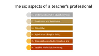 The six aspects of a teacher’s professional
1. Understanding ICT in Education Policy;
2. Curriculum and Assessment;
3. Pedagogy;
4. Application of Digital Skills;
5. Organization and Administration; and
6. Teacher Professional Learning
 