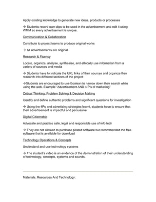 Apply existing knowledge to generate new ideas, products or processes

 Students record own clips to be used in the advertisement and edit it using
WMM so every advertisement is unique.

Communication & Collaboration

Contribute to project teams to produce original works

 All advertisements are original

Research & Fluency

Locate, organize, analyse, synthesise, and ethically use information from a
variety of sources and media

 Students have to indicate the URL links of their sources and organize their
research into different sections of the project

Students are encouraged to use Boolean to narrow down their search while
using the web. Example “Advertisement AND 4 P’s of marketing”

Critical Thinking, Problem Solving & Decision Making

Identify and define authentic problems and significant questions for investigation

 Using the 4Ps and advertising strategies learnt, students have to ensure that
their advertisement is impactful and persuasive

Digital Citizenship

Advocate and practice safe, legal and responsible use of info tech

 They are not allowed to purchase pirated software but recommended the free
software that is available for download

Technology Operations & Concepts

Understand and use technology systems

 The student’s video is an evidence of the demonstration of their understanding
of technology, concepts, systems and sounds.




Materials, Resources And Technology:
 