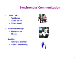 Synchronous Communication
• Online Chat
– Text based
– Audio based
– Video based
• Mobile Technology
– Conferencing
– Phone
• Satellite
– Television channel
– Video Conferencing
14
 