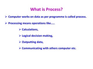 What is Process?
 Computer works on data as per programme is called process.
 Processing means operations like…..
 Calculations,
 Logical decision making,
 Outputting data,
 Communicating with others computer etc.
 