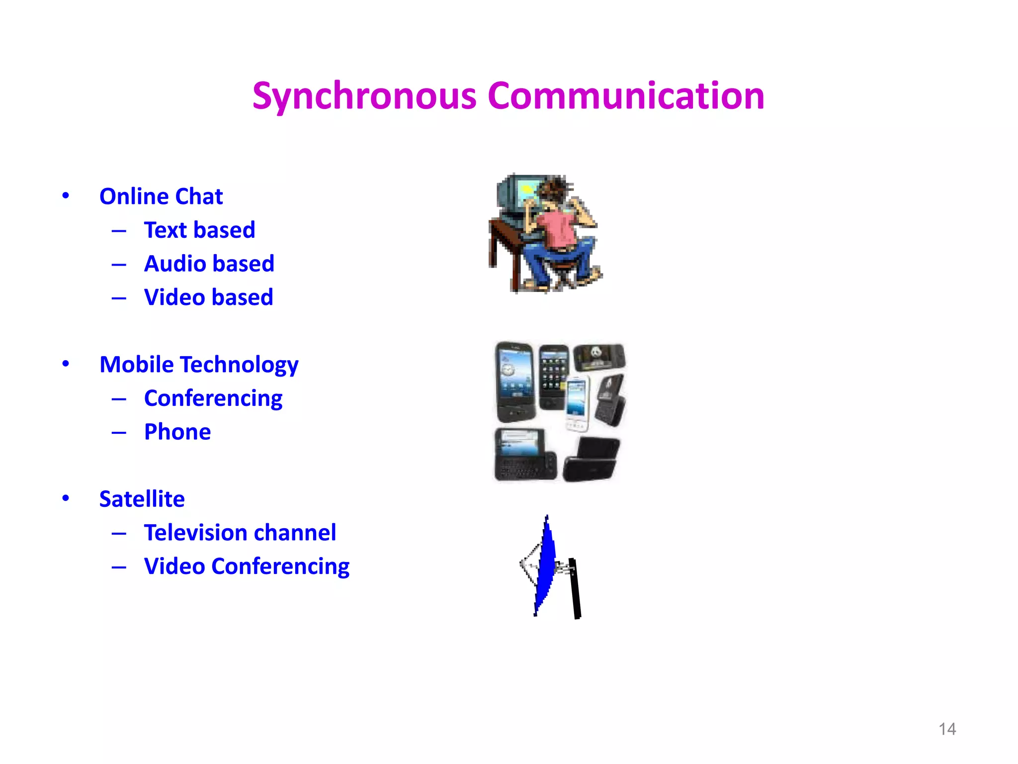 Synchronous Communication
• Online Chat
– Text based
– Audio based
– Video based
• Mobile Technology
– Conferencing
– Phone
• Satellite
– Television channel
– Video Conferencing
14
 