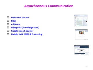 Asynchronous Communication
 Discussion Forums
 Blogs
 e-Groups
 Wikepedia (Knowledge base)
 Google (search engine)
 Mobile SMS, MMS & Podcasting
15
 