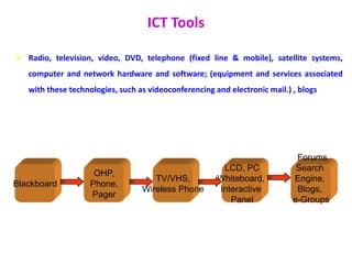 ICT Tools
 Radio, television, video, DVD, telephone (fixed line & mobile), satellite systems,
computer and network hardware and software; (equipment and services associated
with these technologies, such as videoconferencing and electronic mail.) , blogs
11
Blackboard
OHP,
Phone,
Pager
TV/VHS,
Wireless Phone
LCD, PC
Whiteboard,
Interactive
Panel
Forums
Search
Engine,
Blogs,
e-Groups
 