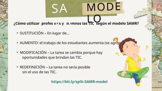 ¿Cómo utilizar profesores y alumnos las TIC según el modelo SAMR?
• SUSTITUCIÓN – En lugar de…
• AUMENTO: el trabajo de los estudiantes aumenta (se agrega algo)...
• MODIFICACIÓN – La tarea se cambia porque hay
oportunidades que brindan las TIC.
• REDEFINICIÓN – La tarea no sería posible
sin el uso de las TIC.
https://bit.ly/split-SAMR-model
SA
MR
MODE
LO
 