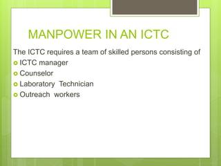 MANPOWER IN AN ICTC
The ICTC requires a team of skilled persons consisting of
 ICTC manager
 Counselor
 Laboratory Technician
 Outreach workers
 