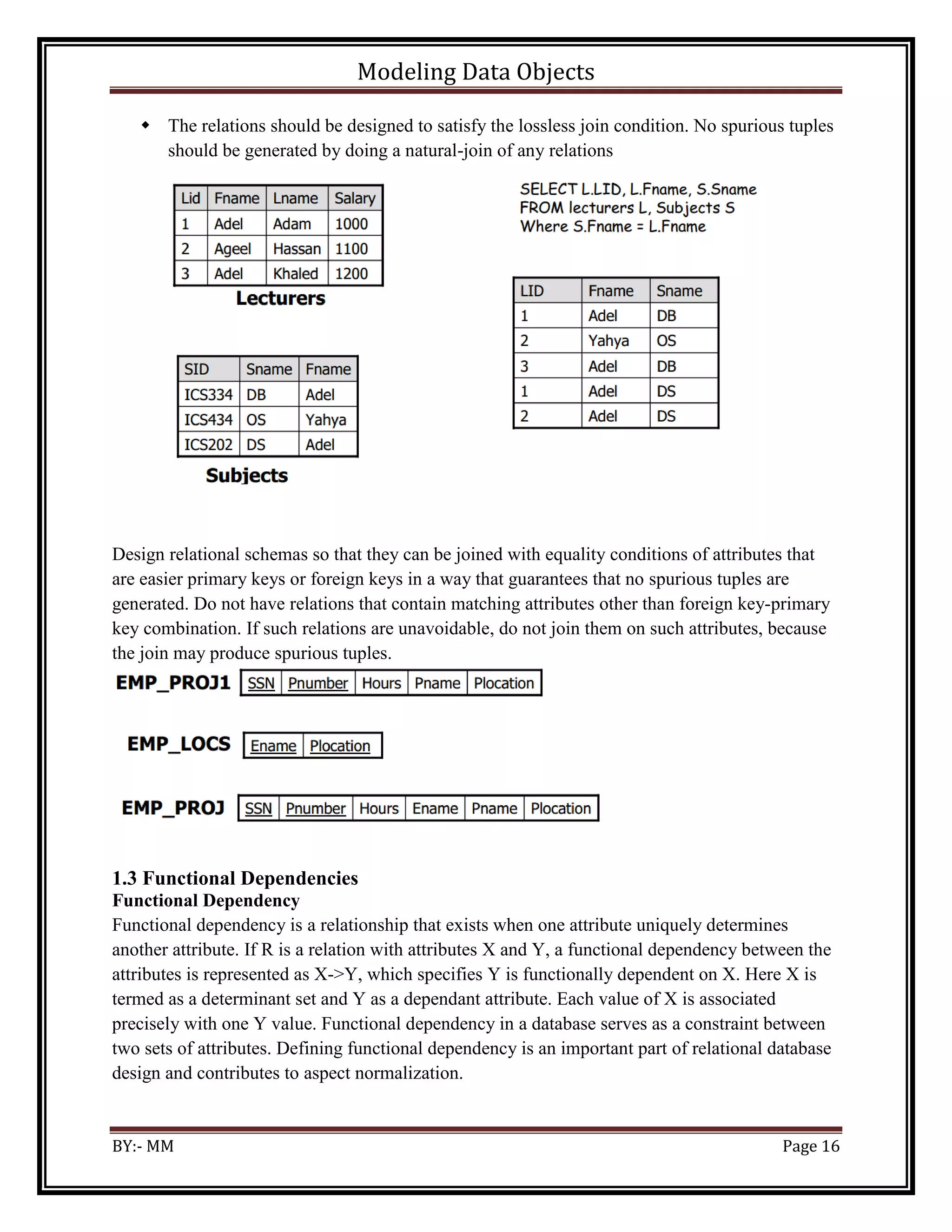 Modeling Data Objects
BY:- MM Page 16
 The relations should be designed to satisfy the lossless join condition. No spurious tuples
should be generated by doing a natural-join of any relations
Design relational schemas so that they can be joined with equality conditions of attributes that
are easier primary keys or foreign keys in a way that guarantees that no spurious tuples are
generated. Do not have relations that contain matching attributes other than foreign key-primary
key combination. If such relations are unavoidable, do not join them on such attributes, because
the join may produce spurious tuples.
1.3 Functional Dependencies
Functional Dependency
Functional dependency is a relationship that exists when one attribute uniquely determines
another attribute. If R is a relation with attributes X and Y, a functional dependency between the
attributes is represented as X->Y, which specifies Y is functionally dependent on X. Here X is
termed as a determinant set and Y as a dependant attribute. Each value of X is associated
precisely with one Y value. Functional dependency in a database serves as a constraint between
two sets of attributes. Defining functional dependency is an important part of relational database
design and contributes to aspect normalization.
 