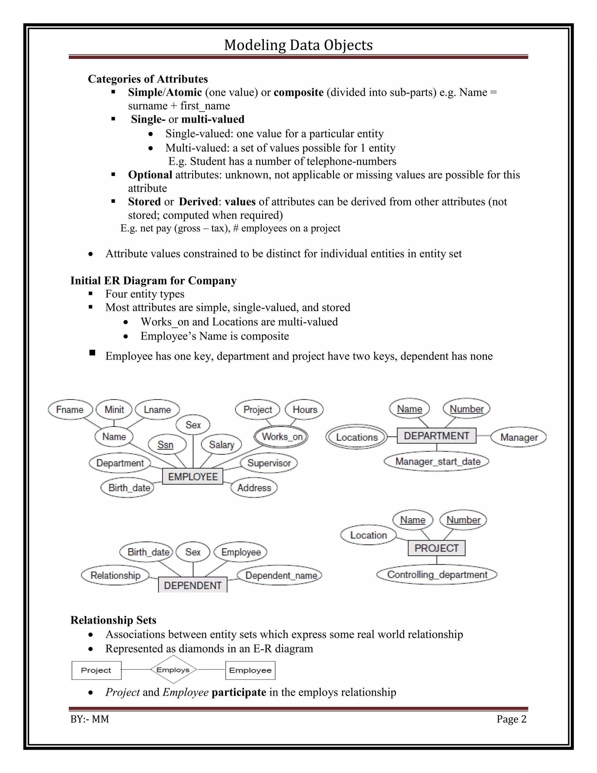 Modeling Data Objects
BY:- MM Page 2
Categories of Attributes
 Simple/Atomic (one value) or composite (divided into sub-parts) e.g. Name =
surname + first_name
 Single- or multi-valued
 Single-valued: one value for a particular entity
 Multi-valued: a set of values possible for 1 entity
E.g. Student has a number of telephone-numbers
 Optional attributes: unknown, not applicable or missing values are possible for this
attribute
 Stored or Derived: values of attributes can be derived from other attributes (not
stored; computed when required)
E.g. net pay (gross – tax), # employees on a project
 Attribute values constrained to be distinct for individual entities in entity set
Initial ER Diagram for Company
 Four entity types
 Most attributes are simple, single-valued, and stored
 Works_on and Locations are multi-valued
 Employee’s Name is composite
 Employee has one key, department and project have two keys, dependent has none
Relationship Sets
 Associations between entity sets which express some real world relationship
 Represented as diamonds in an E-R diagram
 Project and Employee participate in the employs relationship
 