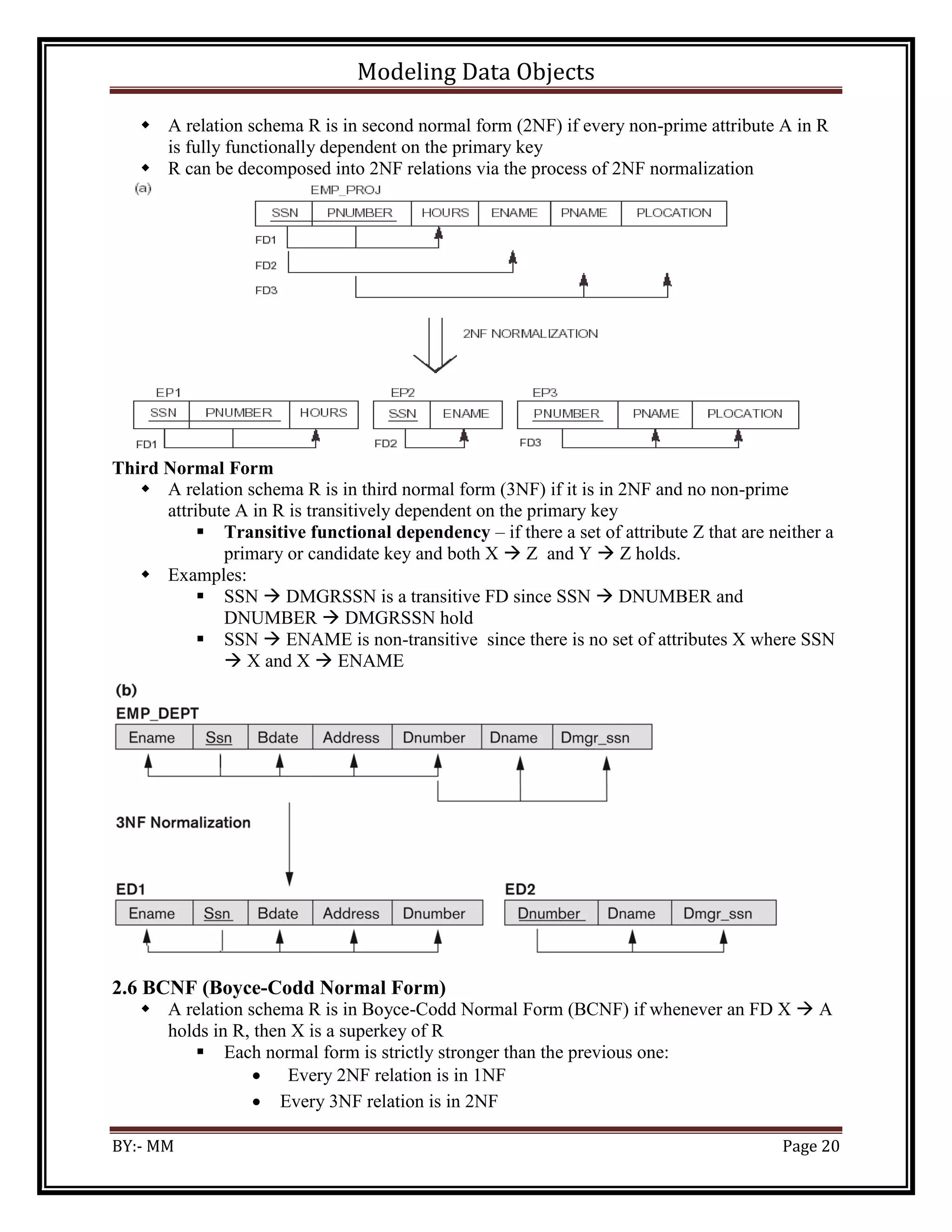 Modeling Data Objects
BY:- MM Page 20
 A relation schema R is in second normal form (2NF) if every non-prime attribute A in R
is fully functionally dependent on the primary key
 R can be decomposed into 2NF relations via the process of 2NF normalization
Third Normal Form
 A relation schema R is in third normal form (3NF) if it is in 2NF and no non-prime
attribute A in R is transitively dependent on the primary key
 Transitive functional dependency – if there a set of attribute Z that are neither a
primary or candidate key and both X  Z and Y  Z holds.
 Examples:
 SSN  DMGRSSN is a transitive FD since SSN  DNUMBER and
DNUMBER  DMGRSSN hold
 SSN  ENAME is non-transitive since there is no set of attributes X where SSN
 X and X  ENAME
2.6 BCNF (Boyce-Codd Normal Form)
 A relation schema R is in Boyce-Codd Normal Form (BCNF) if whenever an FD X  A
holds in R, then X is a superkey of R
 Each normal form is strictly stronger than the previous one:
 Every 2NF relation is in 1NF
 Every 3NF relation is in 2NF
 