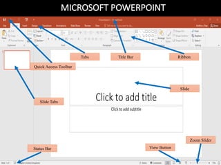 MICROSOFT POWERPOINT
Title Bar
Quick Access Toolbar
Ribbon
Slide Tabs
Status Bar
Slide
View Button
Zoom Slider
Tabs
 