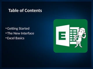 Table of Contents
•Getting Started
•The New Interface
•Excel Basics
 