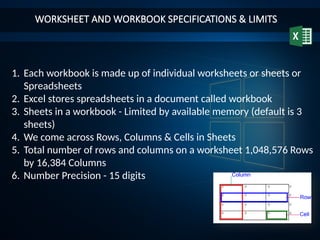WORKSHEET AND WORKBOOK SPECIFICATIONS & LIMITS
1. Each workbook is made up of individual worksheets or sheets or
Spreadsheets
2. Excel stores spreadsheets in a document called workbook
3. Sheets in a workbook - Limited by available memory (default is 3
sheets)
4. We come across Rows, Columns & Cells in Sheets
5. Total number of rows and columns on a worksheet 1,048,576 Rows
by 16,384 Columns
6. Number Precision - 15 digits
 