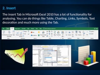 2. Insert
The insert Tab in Microsoft Excel 2010 has a lot of functionality for
analysing. You can do things like Table, Charting, Links, Symbols, Text
decoration and much more using the Tab.
 
