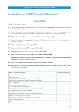 Target.3:.Connect.scientific.and.research.centres.with.ICTs



Annex.3.2:.Extract.from.the.TERENA.Compendium.2009.questionnaire


                                                     Section.B:.SERVICES

Network.&.connectivity.services

In this section, please provide information about the entire network that is managed by your organisation, excluding
links outside your national territory.

B.1. What.is.the.number.of.PoPs.on.your.network? (A PoP is defined here as a point on the NREN backbone which
     can connect client networks or aggregations of client networks such as MANs, or external networks.)

B.2. What.is.the.number.of.places.where.you.undertake.core.networking.routing?

B.3 What.is.the.number.of.managed.sites.on.your.network?.(i.e. the number of sites where youmanage routing or
    switching equipment)

B.4. At.how.many.places.do.you.offer.optical.PoPs?

B.5. How.many.of.these.optical.POPs.also.provide.L3.routing?

B.6. How.many.circuits (that carry production traffic).do.you.manage?

B.7. What.is.the.total.kilometric.length.of.dark.fibre.installed.on.your.network?

.       (This.question.replaces.the.previous.question.asking.for.an.estimate.of.bandwidth*distance.which.NRENs.
        have.found.increasingly.difficult.to.answer.)

B.8. What.is.the.current.typical.core.usable.backbone.capacity.on.your.network?.

B.9. Please.provide.a.list.of.the.operational.external.IP.connections.you.had.at.the.end.of.January.2009.(usable.
     links.excluding.backup.links):



    External.Network.IP.Connections                                                             Usable.capacity.(Mbit/s)

    Direct to GÉANT

    Indirectly to GÉANT
    via the SEEREN or EUMEDCONNECT project or another NREN
    (please specify each connection — adding as many lines as needed)

    Direct to NORDUnet

    Direct to other research locations
    (e.g. other NRENs, CERN, Starlight, Abilene)
    (please specify each connection — adding as many lines as needed)

    Direct connections to the Commercial Internet
    excluding Internet Exchanges
    (please specify each connection — adding as many lines as needed)

    Peerings, connections to Internet Exchanges
    (please specify each peering — adding as many lines as needed)

    Other — Please specify type

    Total:



                                                                                                                       67
 