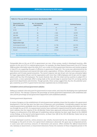 WTDR.2010:.Monitoring.the.WSIS.targets




 Table.6.2:.The.use.of.ICT.in.government,.New.Zealand,.2008

      Organization.size               No..of.responding..
                                                                             Servers                       Desktops/laptops
      (No..of.employees)               organizations
      < 50                                    10                                41                                294
      50-99                                    6                                79                                479
      100-499                                 36                              1 503                              10 079
      500-999                                 14                              1 570                              8 730
      1000-4999                               29                              6 243                              53 616
      5000 or more                            10                              4 878                              68 516
      Organization.type
      Central government                      93                              11 726                            124 723
      State-owned enterprise                  12                              2 588                              16 991
      Overall                                 105                             14 314                            141 714

 Source: New Zealand State Services Commission report. Government Use of ICT 2008.
         http://www.e.govt.nz/resources/research/ict-survey-2008/govt-ict-survey-2008.pdf. p 16. Accessed 22 November 2009.




Comparable data on the use of ICTs in government are rare. A few surveys, mostly in developed countries, offer
pointers to the use of ICTs in national governments. For example, the New Zealand Government Use of ICT Survey
2008 provides information about the state of ICT use in order to inform government decisions and monitor progress
in how ICTs are supporting the goals of efficiency in government (Table 6.2). The survey was administered by the
State Services Commission and covered 163 state-sector organizations. Of these, 144 were central government or-
ganizations and 19 state-owned enterprises. The overall response rate was 64 per cent, but was somewhat higher
for larger organizations (95 per cent for organizations with more than 1 000 employees and 22 per cent for organi-
zations with less than 50 employees). The results illustrate that, after the initial rush by countries to adopt ICTs in
government, a more systematic effort is being made at this second stage to ascertain how ICTs are being used by
government departments and ministries. Though sporadic, these surveys suggest that, thus far, the potential syner-
gies created by use of ICTs in governments have been exploited only to a limited extent.

ii).Establish.central.and.local.government.websites.

Setting up a website is the entry point for governments to move online, and a basis for developing more sophisticated
online services. The indicator comprises the percentage of central government departments with established web-
sites and the percentage of local government departments with established websites.

Central government departments

A review of progress on the establishment of central government websites shows that the pattern of e-government
development in the last few years has been one of expansion and consolidation. Considerable progress has been
made by governments worldwide since the second phase of WSIS in Tunis towards providing information and serv-
ices through the use of ICTs. As e-government services have continued to expand around the world, website assess-
ment indicates that the majority of the UN Member States have vigorously embraced electronic service delivery.
Progress on achievement of the WSIS goal of establishing national websites has been rapid. Based on the UNDESA
survey findings, at the level of central governments, no fewer than 189 of the 192 UN Member States had set up
government websites by 2009 (Table 6.3).

In most developed countries, online presence was initially characterized by the development of a national
homepage as the point of entry. As e-government endeavours advanced, this gave way to integrated portals,
in some cases with enormous amounts of information and services. Often entitled the Official Government
site, Gateway to Government, or Government Electronic Portal, the evolution of these integrated portals in the


124
 