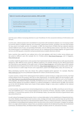 Target.6:.Connect.all.local.and.central.government.departments.and.establish.websites.and.e-mail.addresses
                              Target.5:.Connect.health.centres.and.hospitals.with.ICTs




 Table.6.3:.Countries.with.government.websites,.2003.and.2009

                                                                              2003                            2009
        Countries with central government websites                             173                             189
        Countries without central government websites                          18                               3
        Total UN Member States                                                 191                            192*

 Note:    *On 28 June 2006, Montenegro was accepted as a United Nations Member State, bringing the total UN Member States to 192.
 Source: [UNDESA, 2003] and [UNDESA, 2010].




past few years reflects increasing attention to user-friendliness for the convenient delivery of information and
services.

In some cases, national portals were consolidated in conjunction with standalone websites as an increasing number
of countries opted to establish separate, but connected, e-government portals, providing a one-stop-shop window
for easy access to all public services. For example, in 2005, the Government of Malta had two separate websites
aimed at different sets of users: one providing information, and one offering online services. Since then, the country
has moved forward in consolidating its online services into an integrated portal bringing together all e-government
services and offering quick, convenient and personalized access to public electronic services.

Some countries have opted for one national site as the main gateway, with links to other service delivery por-
tals aimed at different users (for example the U.S. FirstGov portal, http://www.firstgov.gov, and in Singapore,
http://www.gov.sg).

In another model of e-government, some countries have implemented national online presence with separate portals
designed to offer different access points for different audiences. For example, Norway has the official government
site, described as your gateway to the public sector in Norway (http://norge.no), and another government website
for information from the government and the ministries, (http://www.regjeringen.no) which provides public informa-
tion and services on a wide range of issues such as agriculture, asylum and refugee policy, taxes, the economy, etc.

Many developing countries have also chosen this audience-targeted portal approach. For example, Mauritius
(http://www.gov.mu) has set up dedicated subportals for citizens and the business sectors.

In some countries, instead of the national government website or portal serving as a single point of entry, the Head
of State website serves this purpose, with links to other departments. For example, Algeria has the President’s web-
page (http://www.el-mouradia.dz/francais/Sommaire.html) with links to national institutions such as the Presidency
of the Republic, the National People’s Assembly, the National Council and the various ministries. In other instances,
Head of State websites are provided in addition to a national homepage or a national portal. By 2008, 124 countries
out of the 192 UN Member States had a Head of State website, though in many cases in addition to the national
government website.

In most countries, many government ministries/departments are online, too. By 2008, some 82 per cent of all coun-
tries had established one or more sectoral websites for the ministries of finance, education, health, social welfare
and labour. In around three quarters of the 192 UN Member States, non-executive branches of governments were
also online (Chart 6.1).

As with national homepages/central portals, there is no discernible pattern to the establishment of departmental serv-
ices online. Models vary according to each country’s vision, strategy and needs. Some countries have set up links to the
national portal; others have done so to the Head of State website, where no national portal exists. A few have independ-
ent standalone ministry/department websites which may also serve as the country’s entry point. In Angola, for example,
there is no single national website; instead, there are standalone websites for the National Assembly, the Constitutional
Commission, the National Police, the National Bank of Angola, the Radio and the TV, and several ministries.


                                                                                                                                    125
 