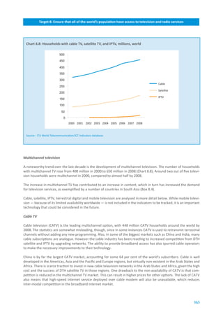 Target.8:.Ensure.that.all.of.the.world’s.population.have.access.to.television.and.radio.services




 Chart.8.8:.Households.with.cable.TV,.satellite.TV,.and.IPTV,.millions,.world

                           500

                           450

                           400

                           350

                           300
                                                                                             Cable
                           250
                                                                                             Satellite
                           200
                                                                                             IPTV
                           150

                           100

                             50

                              0
                                  2000 2001 2002 2003 2004 2005 2006 2007 2008



  Source: ITU World Telecommunication/ICT Indicators database.




Multichannel.television

A noteworthy trend over the last decade is the development of multichannel television. The number of households
with multichannel TV rose from 400 million in 2000 to 650 million in 2008 (Chart 8.8). Around two out of five televi-
sion households were multichannel in 2000, compared to almost half by 2008.

The increase in multichannel TV has contributed to an increase in content, which in turn has increased the demand
for television services, as exemplified by a number of countries in South Asia (Box 8.4).

Cable, satellite, IPTV, terrestrial digital and mobile television are analysed in more detail below. While mobile televi-
sion — because of its limited availability worldwide — is not included in the indicators to be tracked, it is an important
technology that could be considered in the future.

Cable TV

Cable television (CATV) is the leading multichannel option, with 448 million CATV households around the world by
2008. The statistics are somewhat misleading, though, since in some instances CATV is used to retransmit terrestrial
channels without adding any new programming. Also, in some of the biggest markets such as China and India, many
cable subscriptions are analogue. However the cable industry has been reacting to increased competition from DTH
satellite and IPTV by upgrading networks. The ability to provide broadband access has also spurred cable operators
to make the necessary improvements to their technology.

China is by far the largest CATV market, accounting for some 64 per cent of the world’s subscribers. Cable is well
developed in the Americas, Asia and the Pacific and Europe regions, but virtually non-existent in the Arab States and
Africa. There is scarce traction to invest in new cable television networks in the Arab States and Africa, given the high
cost and the success of DTH satellite TV in those regions. One drawback to the non-availability of CATV is that com-
petition is reduced in the multichannel TV market. This can result in higher prices for other options. The lack of CATV
also means that high-speed Internet service deployed over cable modem will also be unavailable, which reduces
inter-modal competition in the broadband Internet market.



                                                                                                                      163
 