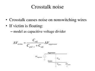 Crosstalk noise
• Crosstalk causes noise on nonswitching wires
• If victim is floating:
– model as capacitive voltage divider
adj
victim aggressor
gnd v adj
C
V V
C C
  

Cadj
Cgnd-v
Aggressor
Victim
Vaggressor
Vvictim
 