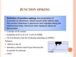 JUNCTION SPIKING
 Definition of junction spiking: the penetration of
a junction by aluminum, which occurs when silicon near
the junction dissolves in aluminum and migrates along the
interconnect lines. Aluminum then replaces silicon at
the junction.
 Consider Al-Si contact
 Solubility of Si in Al is 0. 5 wt% at 4500C
 •Si will dissolve into the Al during annealing (at 4500C)
Solution
 Add Si to the Al
 Introduce a barrier metal layer between the
Al and the Si substrate.
 (TiN)
 