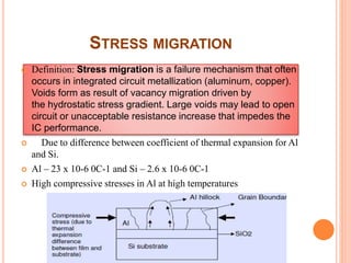 STRESS MIGRATION
 Definition: Stress migration is a failure mechanism that often
occurs in integrated circuit metallization (aluminum, copper).
Voids form as result of vacancy migration driven by
the hydrostatic stress gradient. Large voids may lead to open
circuit or unacceptable resistance increase that impedes the
IC performance.
 Due to difference between coefficient of thermal expansion for Al
and Si.
 Al – 23 x 10-6 0C-1 and Si – 2.6 x 10-6 0C-1
 High compressive stresses in Al at high temperatures
 