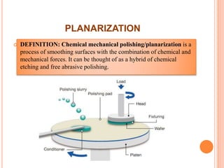 PLANARIZATION
 DEFINITION: Chemical mechanical polishing/planarization is a
process of smoothing surfaces with the combination of chemical and
mechanical forces. It can be thought of as a hybrid of chemical
etching and free abrasive polishing.
 