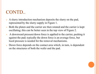 CONTD..
 A slurry introduction mechanism deposits the slurry on the pad,
represented by the slurry supply in Figure 1.
 Both the platen and the carrier are then rotated and the carrier is kept
oscillating; this can be better seen in the top view of Figure 2.
 A downward pressure/down force is applied to the carrier, pushing it
against the pad; typically the down force is an average force, but
local pressure is needed for the removal mechanisms.
 Down force depends on the contact area which, in turn, is dependent
on the structures of both the wafer and the pad.
 