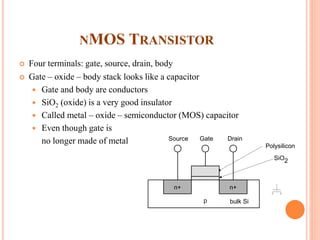 NMOS TRANSISTOR
 Four terminals: gate, source, drain, body
 Gate – oxide – body stack looks like a capacitor
 Gate and body are conductors
 SiO2 (oxide) is a very good insulator
 Called metal – oxide – semiconductor (MOS) capacitor
 Even though gate is
no longer made of metal
n+
p
GateSource Drain
bulk Si
SiO2
Polysilicon
n+
 