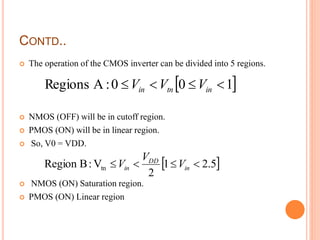CONTD..
 The operation of the CMOS inverter can be divided into 5 regions.
 NMOS (OFF) will be in cutoff region.
 PMOS (ON) will be in linear region.
 So, V0 = VDD.
 NMOS (ON) Saturation region.
 PMOS (ON) Linear region
 100:ARegions  intnin VVV
 5.21
2
V:BRegion tn  in
DD
in V
V
V
 