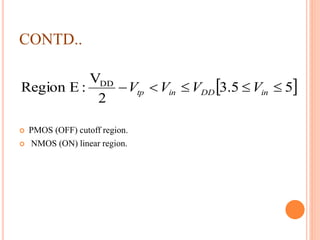 CONTD..
 PMOS (OFF) cutoff region.
 NMOS (ON) linear region.
 55.3
2
V
:ERegion DD
 inDDintp VVVV
 