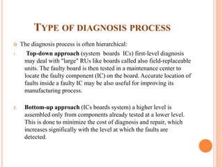 TYPE OF DIAGNOSIS PROCESS
 The diagnosis process is often hierarchical:
1. Top-down approach (system boards ICs) first-level diagnosis
may deal with "large" RUs like boards called also field-replaceable
units. The faulty board is then tested in a maintenance center to
locate the faulty component (IC) on the board. Accurate location of
faults inside a faulty IC may be also useful for improving its
manufacturing process.
2. Bottom-up approach (ICs boards system) a higher level is
assembled only from components already tested at a lower level.
This is done to minimize the cost of diagnosis and repair, which
increases significally with the level at which the faults are
detected.
 