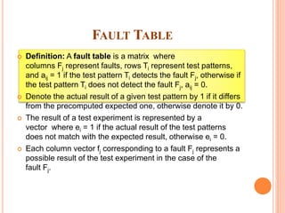 FAULT TABLE
 Definition: A fault table is a matrix where
columns Fj represent faults, rows Ti represent test patterns,
and aij = 1 if the test pattern Ti detects the fault Fj, otherwise if
the test pattern Ti does not detect the fault Fj, aij = 0.
 Denote the actual result of a given test pattern by 1 if it differs
from the precomputed expected one, otherwise denote it by 0.
 The result of a test experiment is represented by a
vector where ei = 1 if the actual result of the test patterns
does not match with the expected result, otherwise ei = 0.
 Each column vector fj corresponding to a fault Fj represents a
possible result of the test experiment in the case of the
fault Fj.
 
