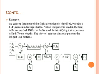 CONTD..
 Example:
We can see that most of the faults are uniquely identified, two faults
F1,F4 remain indistinguishable. Not all test patterns used in the fault
table are needed. Different faults need for identifying test sequences
with different lengths. The shortest test contains two patterns the
longest four patterns.
 