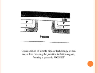 Cross section of simple bipolar technology with a
metal line crossing the junction isolation region,
forming a parasitic MOSFET
 